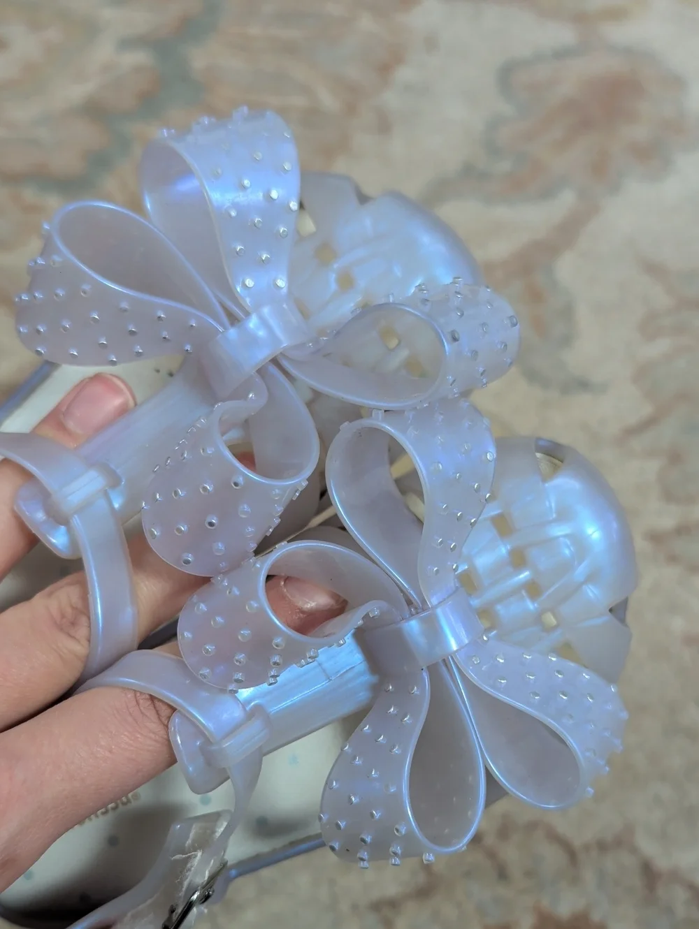 mini melissa Iridescent Girls' Pearl White Jelly Sandals with Bow